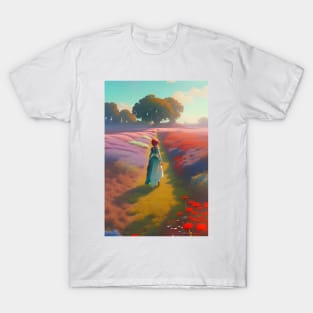 Anime Girl in Field of Flowers & Trees T-Shirt